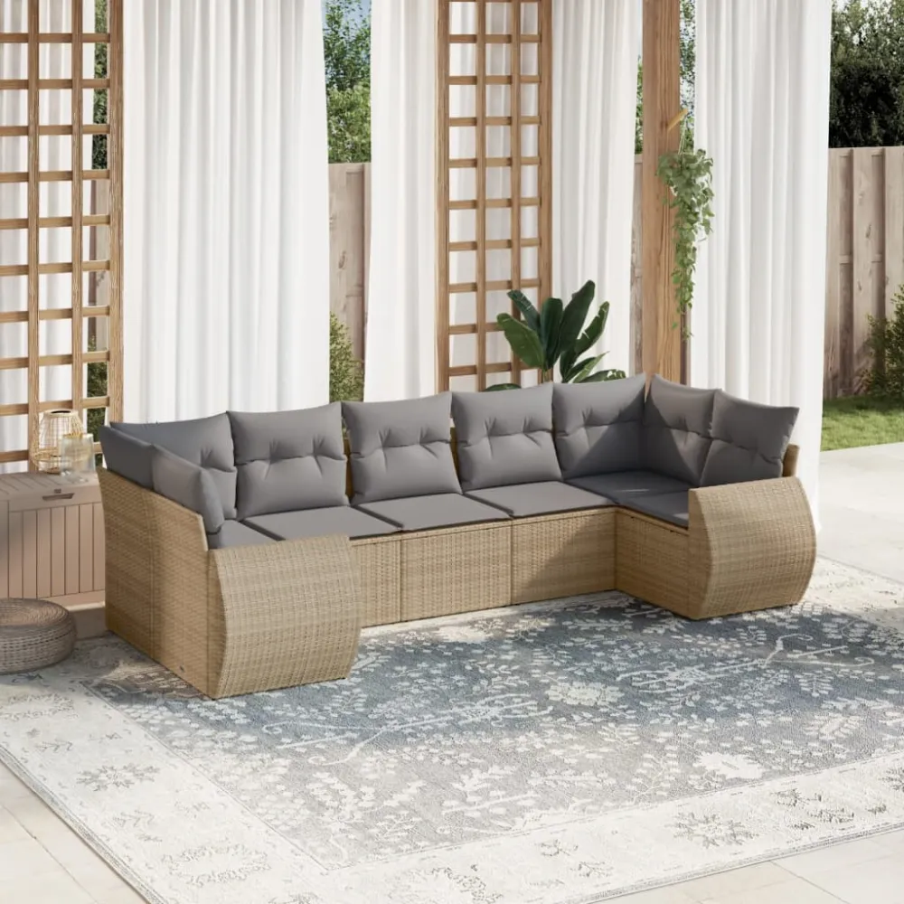 7-delige Loungeset met kussens poly rattan beige vidaXL