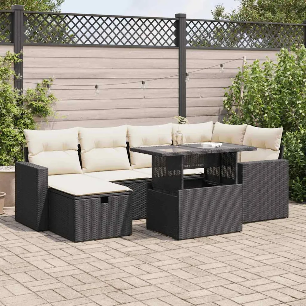 7-delige Loungeset met kussens poly rattan zwart vidaXL