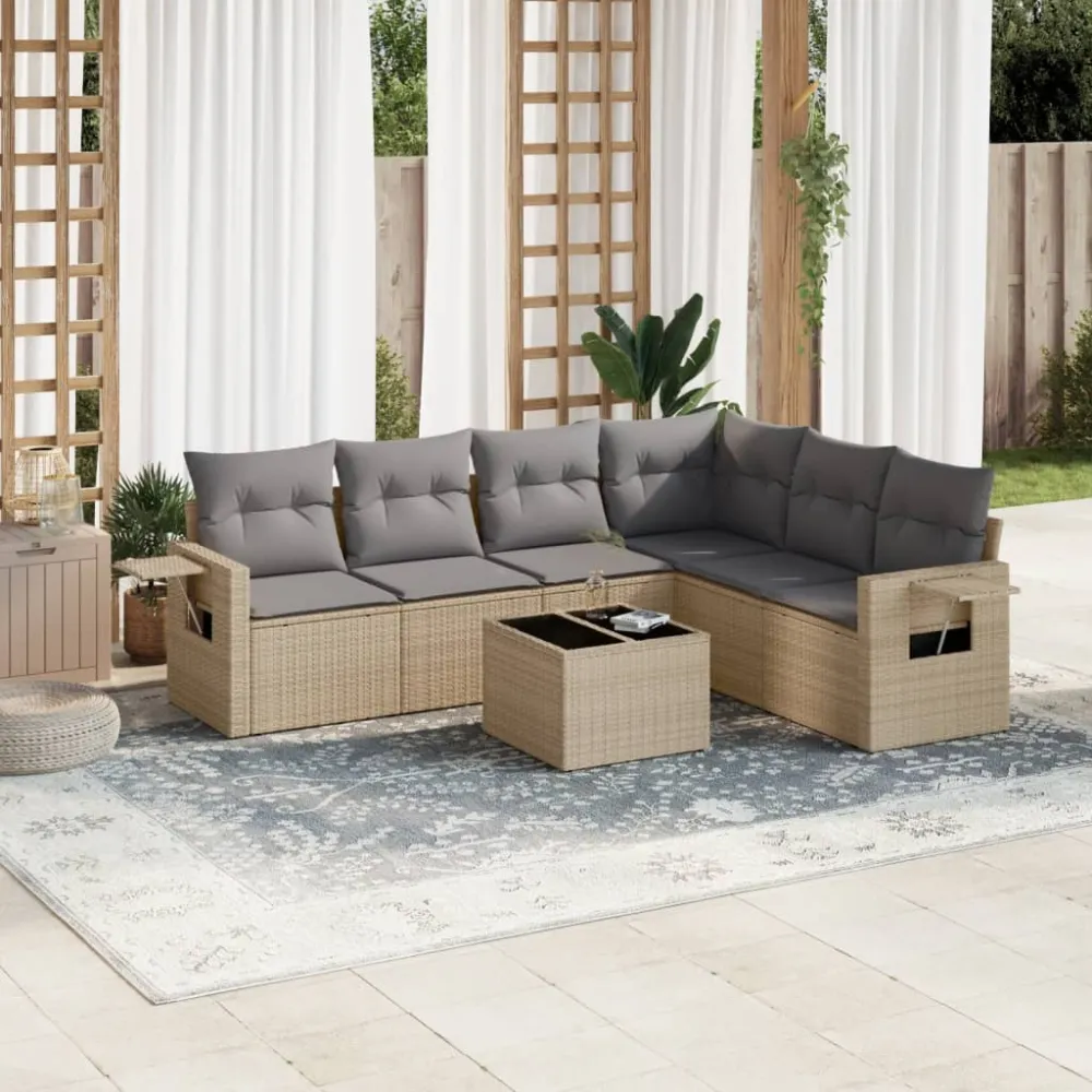 7-delige Loungeset met kussens poly rattan beige vidaXL