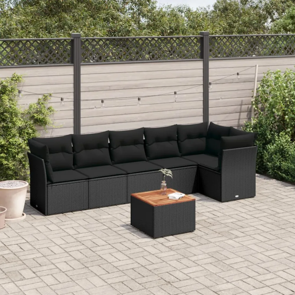 7-delige Loungeset met kussens poly rattan zwart vidaXL