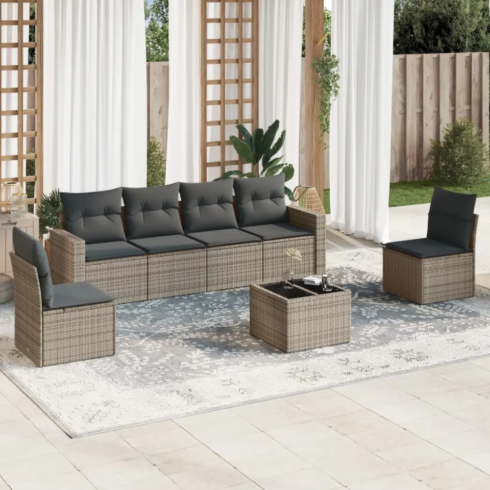 7-delige Loungeset met kussens poly rattan grijs vidaXL