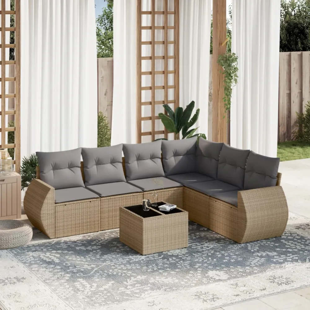 7-delige Loungeset met kussens poly rattan beige vidaXL
