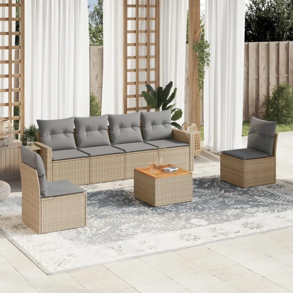 7-delige Loungeset met kussens poly rattan beige vidaXL