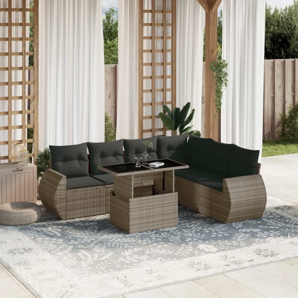 7-delige Loungeset met kussens poly rattan grijs vidaXL