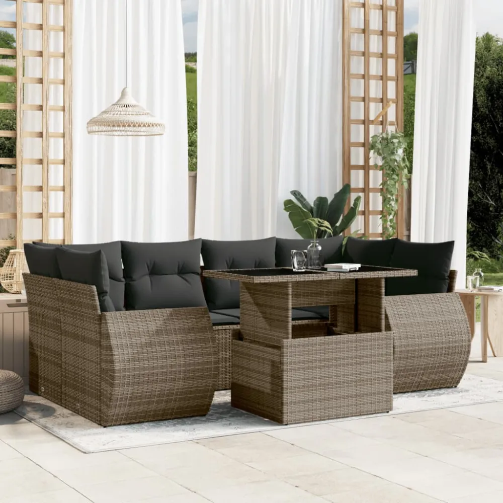 7-delige Loungeset met kussens poly rattan grijs vidaXL