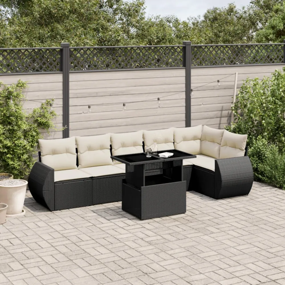 7-delige Loungeset met kussens poly rattan zwart vidaXL
