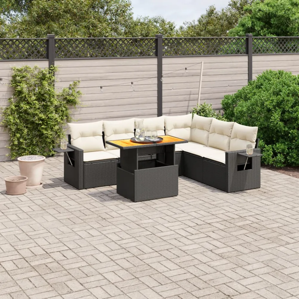 7-delige Loungeset met kussens poly rattan zwart vidaXL