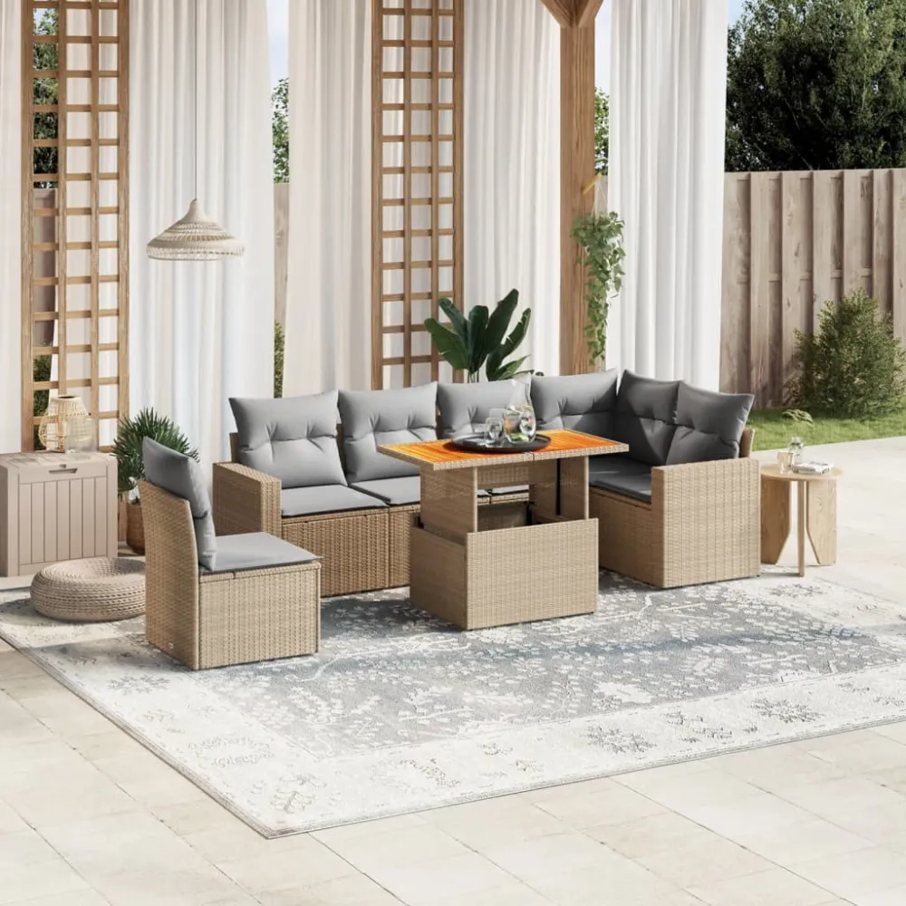 7-delige Loungeset met kussens poly rattan beige vidaXL