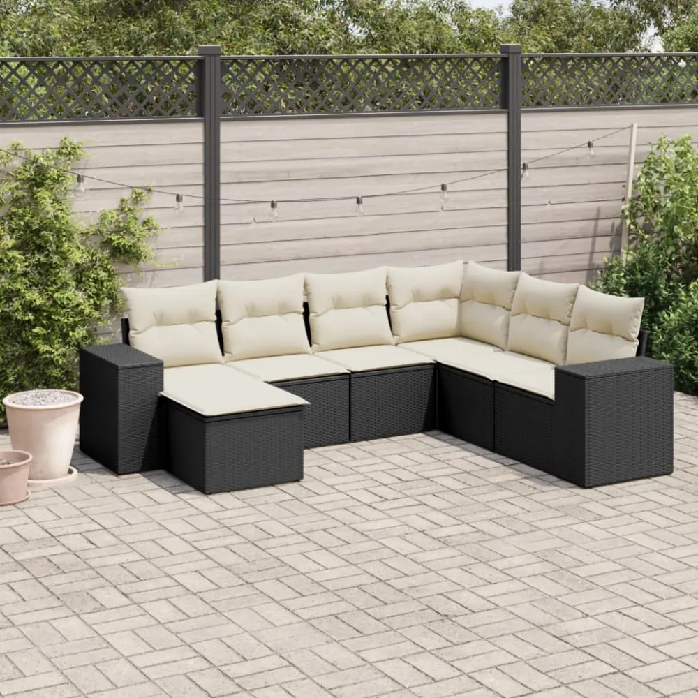 7-delige Loungeset met kussens poly rattan zwart vidaXL