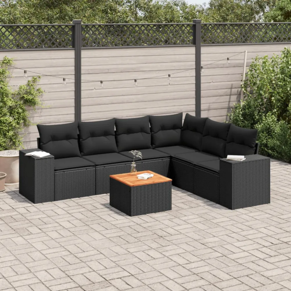 7-delige Loungeset met kussens poly rattan zwart vidaXL
