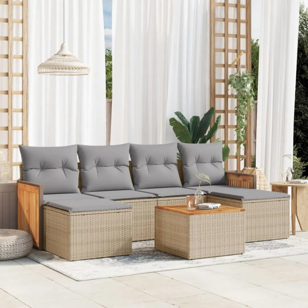 7-delige Loungeset met kussens poly rattan beige vidaXL