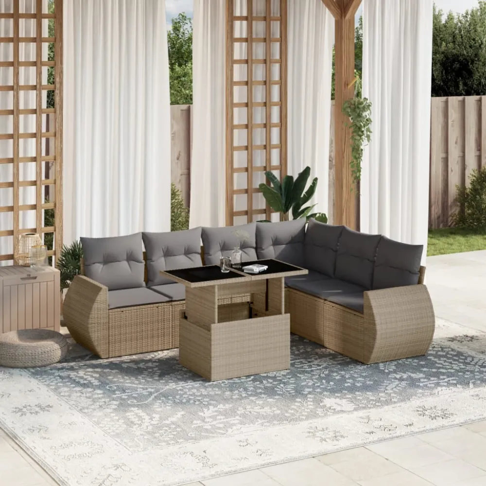 7-delige Loungeset met kussens poly rattan beige vidaXL