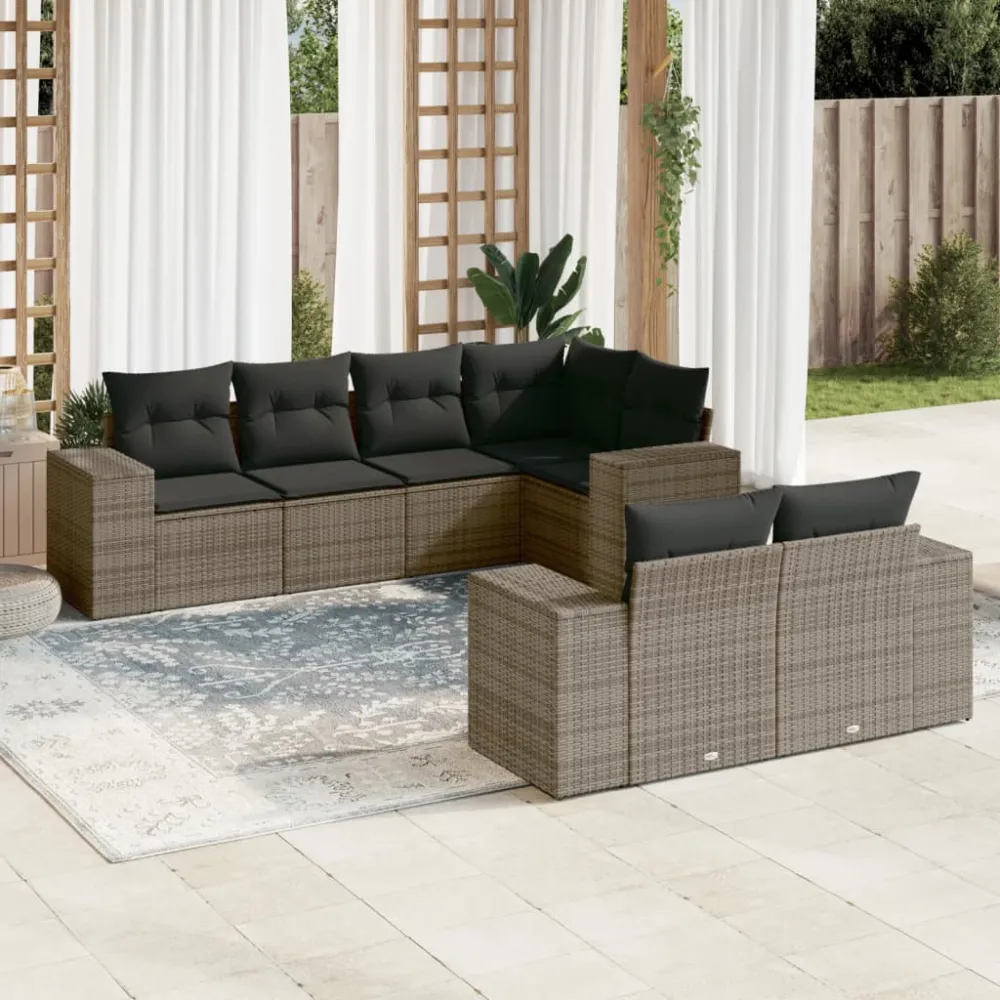7-delige Loungeset met kussens poly rattan grijs vidaXL