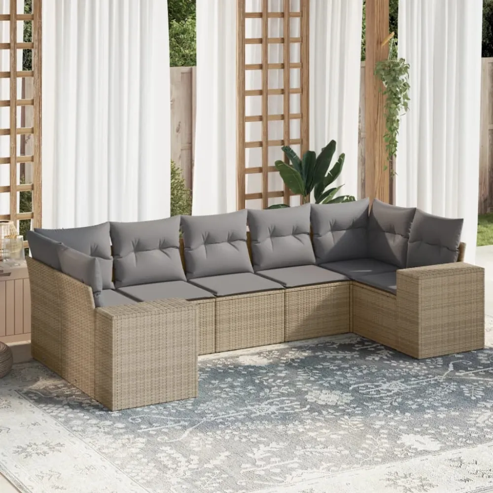7-delige Loungeset met kussens poly rattan beige vidaXL