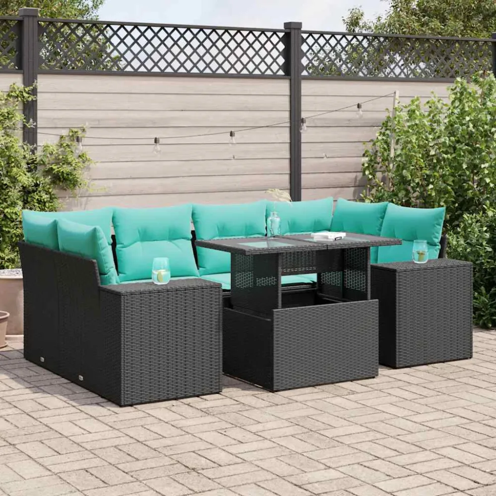 7-delige Loungeset met kussens poly rattan acacia zwart vidaXL