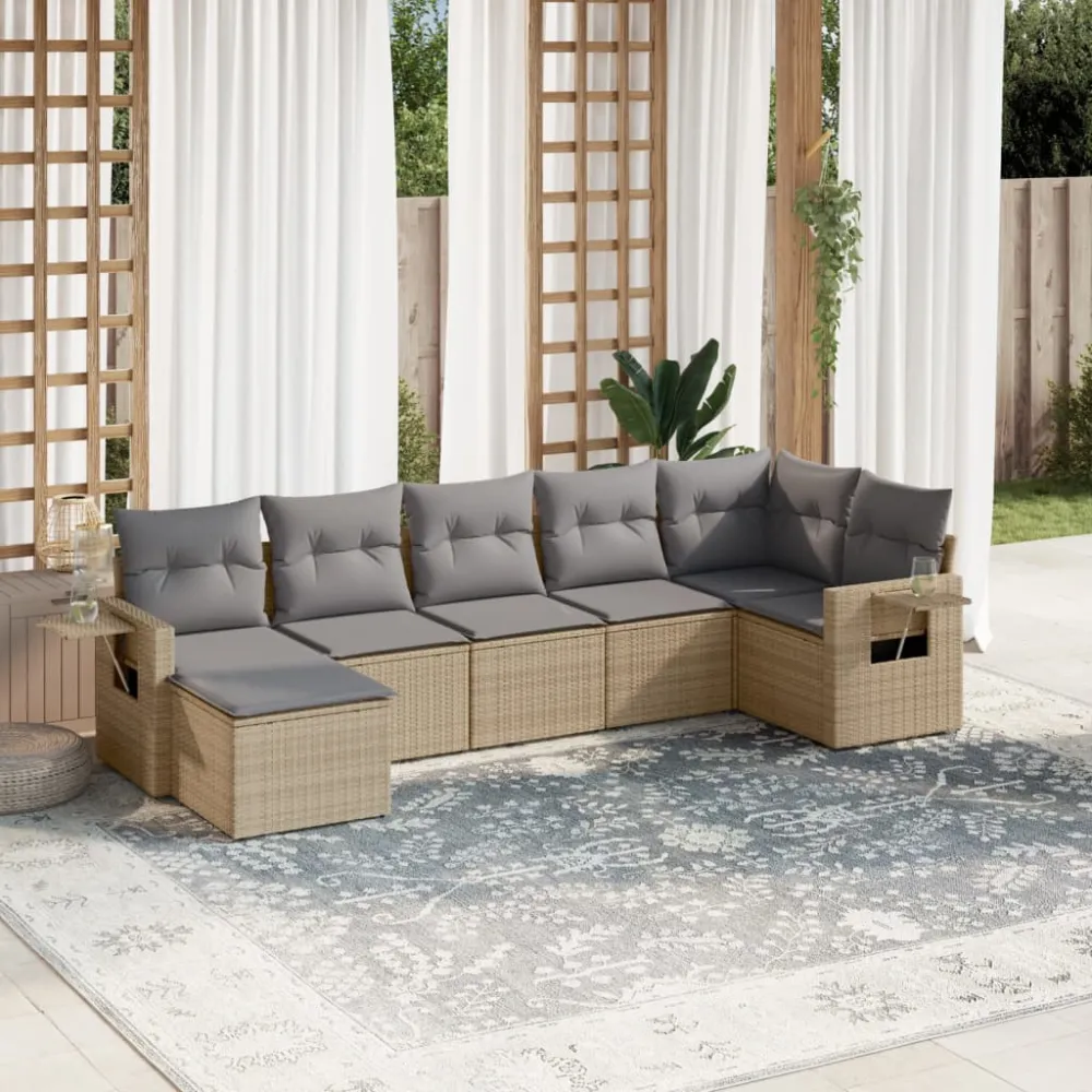 7-delige Loungeset met kussens poly rattan beige vidaXL