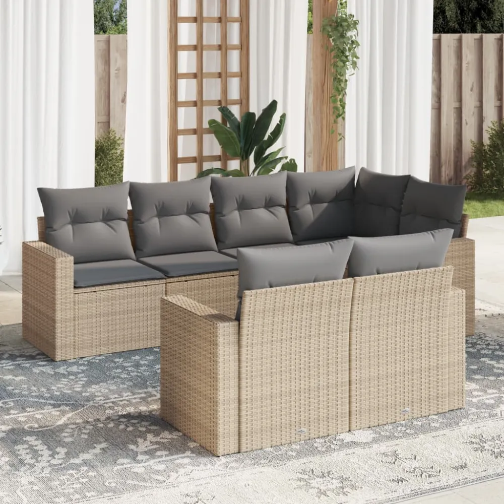 7-delige Loungeset met kussens poly rattan beige vidaXL