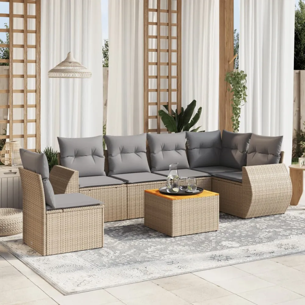 7-delige Loungeset met kussens poly rattan beige vidaXL