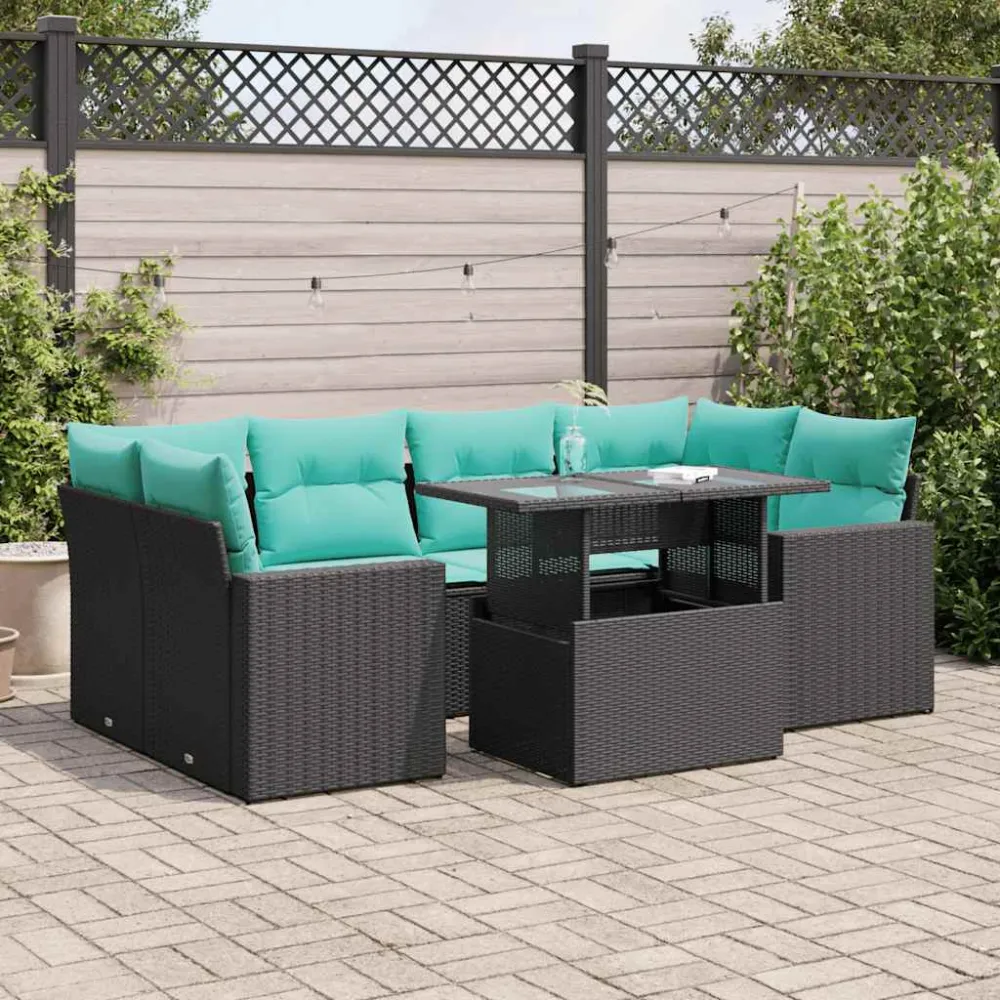 7-delige Loungeset met kussens poly rattan acacia zwart vidaXL