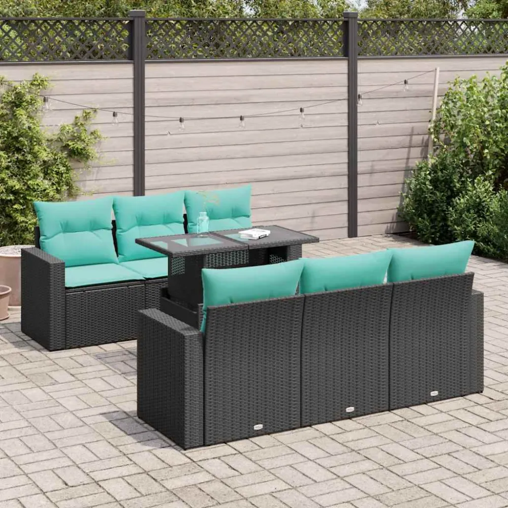 7-delige Loungeset met kussens poly rattan acacia zwart vidaXL