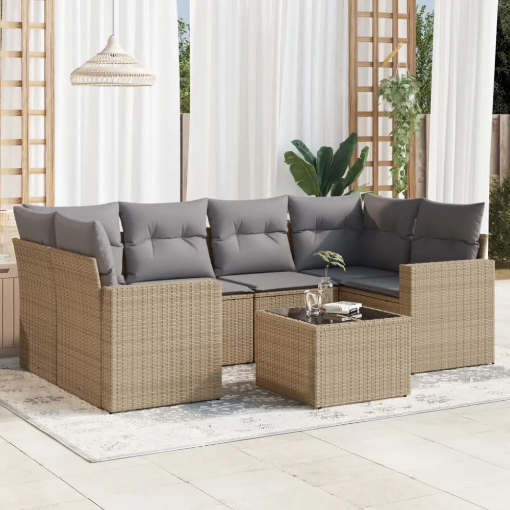 7-delige Loungeset met kussens poly rattan beige vidaXL