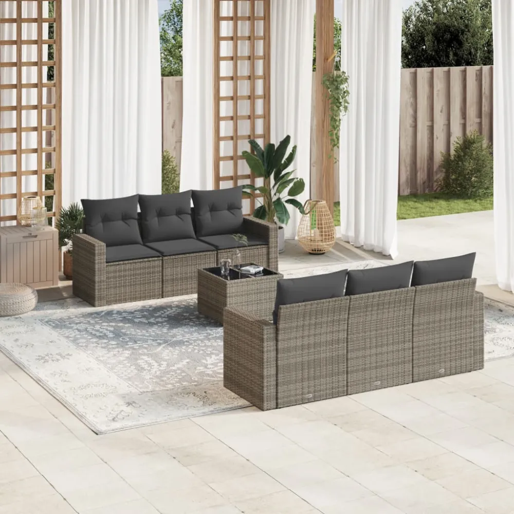 7-delige Loungeset met kussens poly rattan grijs vidaXL