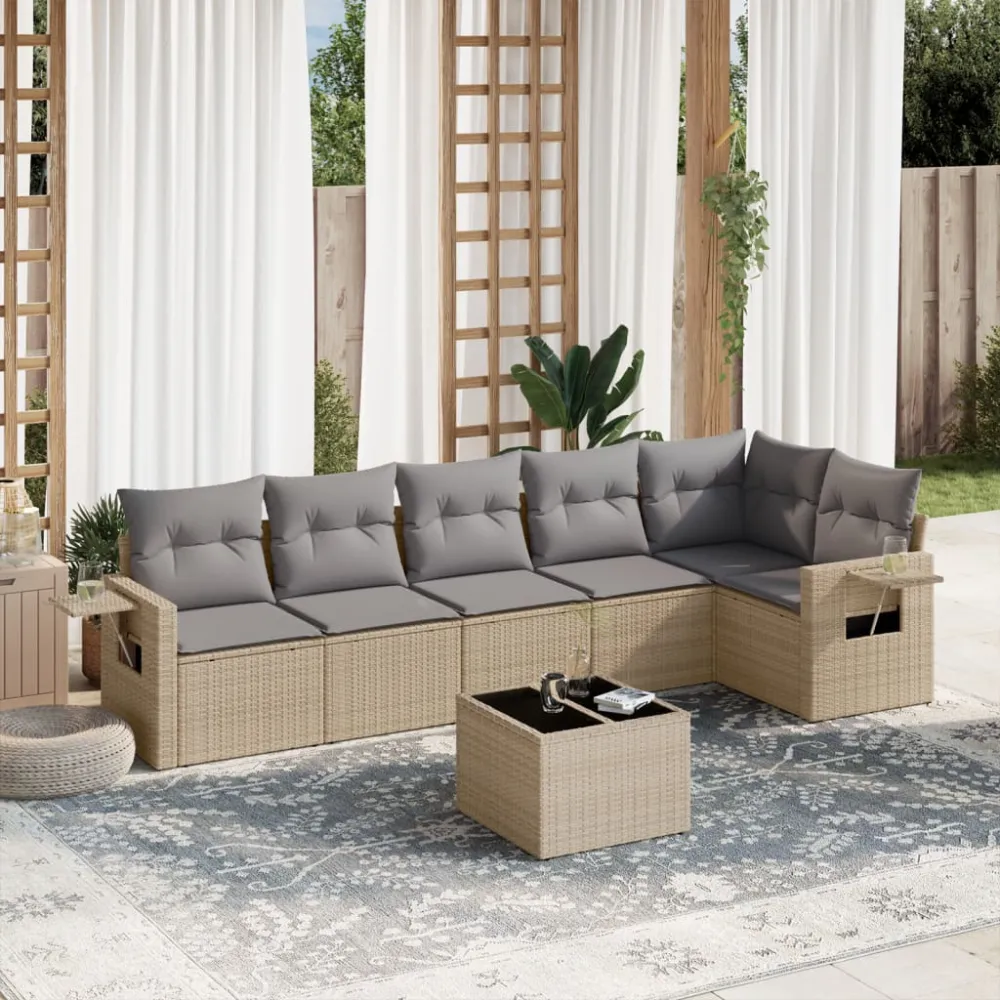7-delige Loungeset met kussens poly rattan beige vidaXL