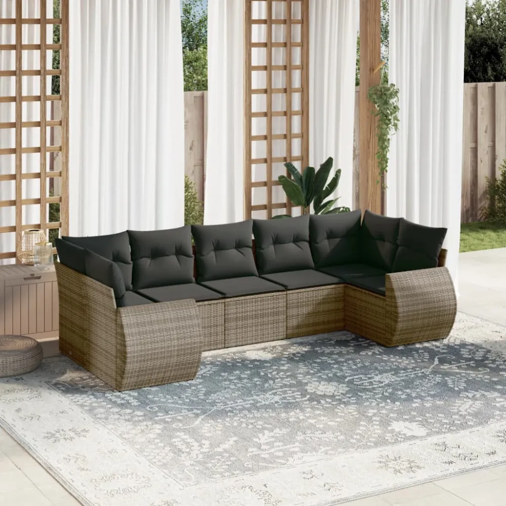 7-delige Loungeset met kussens poly rattan grijs vidaXL