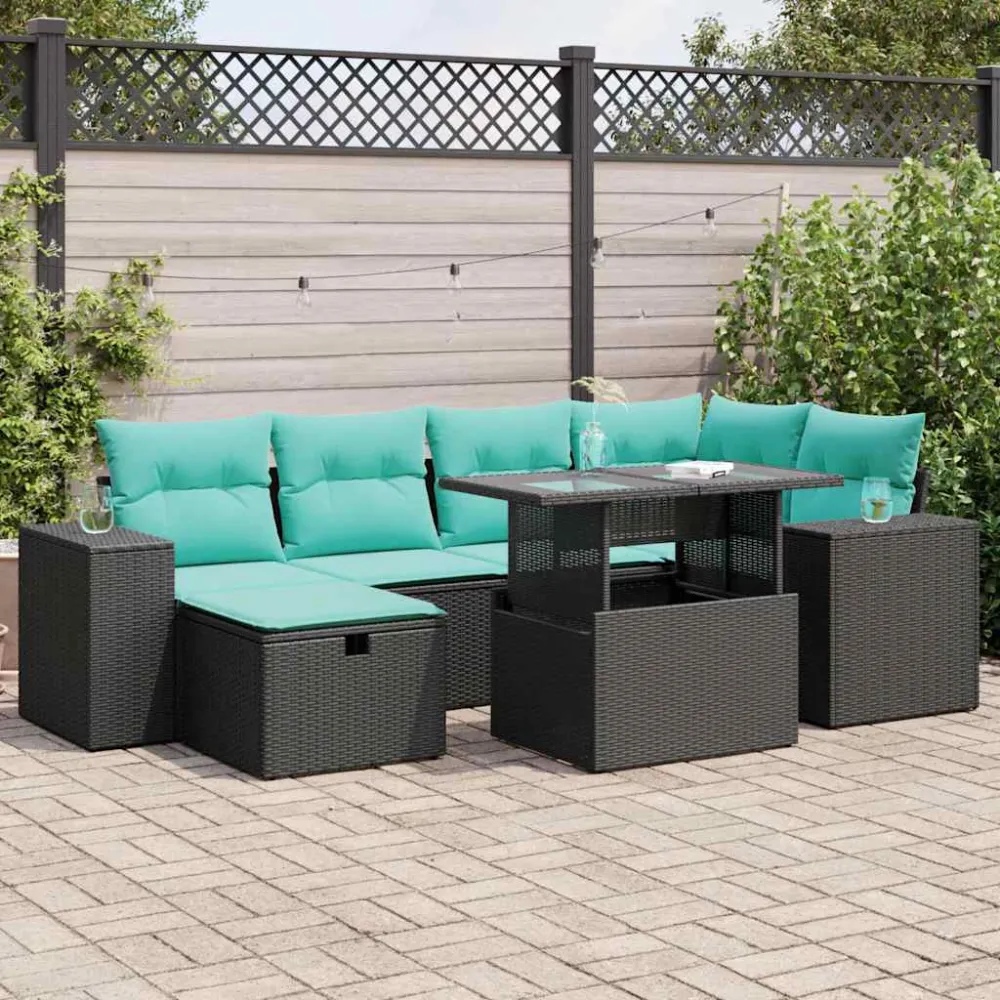 7-delige Loungeset met kussens poly rattan acacia grijs vidaXL
