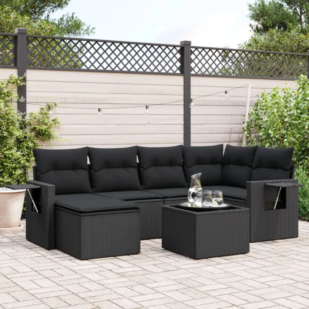 7-delige Loungeset met kussens poly rattan zwart vidaXL