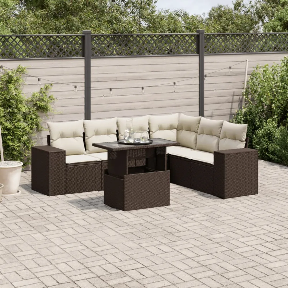 7-delige Loungeset met kussens poly rattan bruin vidaXL