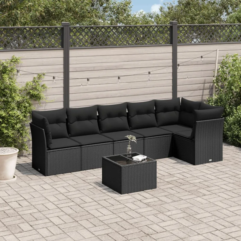 7-delige Loungeset met kussens poly rattan zwart vidaXL