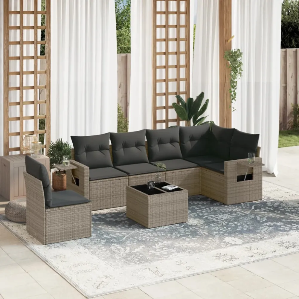 7-delige Loungeset met kussens poly rattan grijs vidaXL
