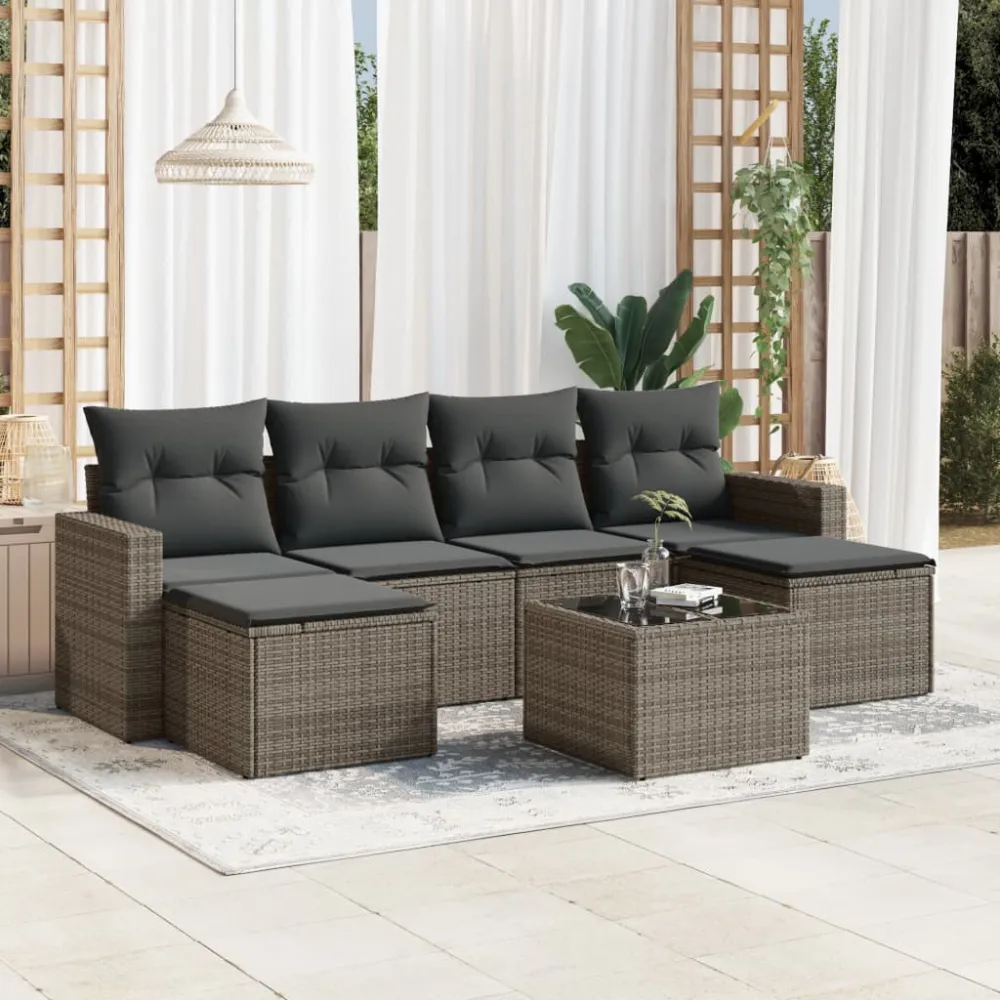 7-delige Loungeset met kussens poly rattan grijs vidaXL