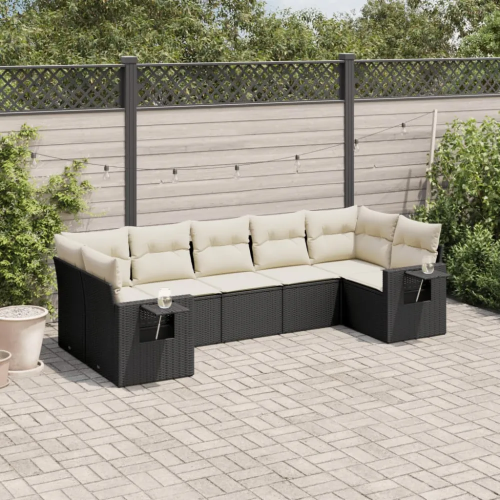 7-delige Loungeset met kussens poly rattan zwart vidaXL