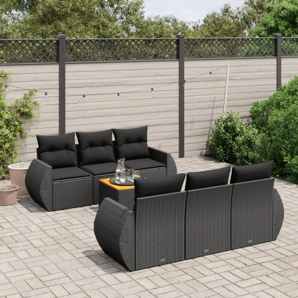7-delige Loungeset met kussens poly rattan zwart vidaXL