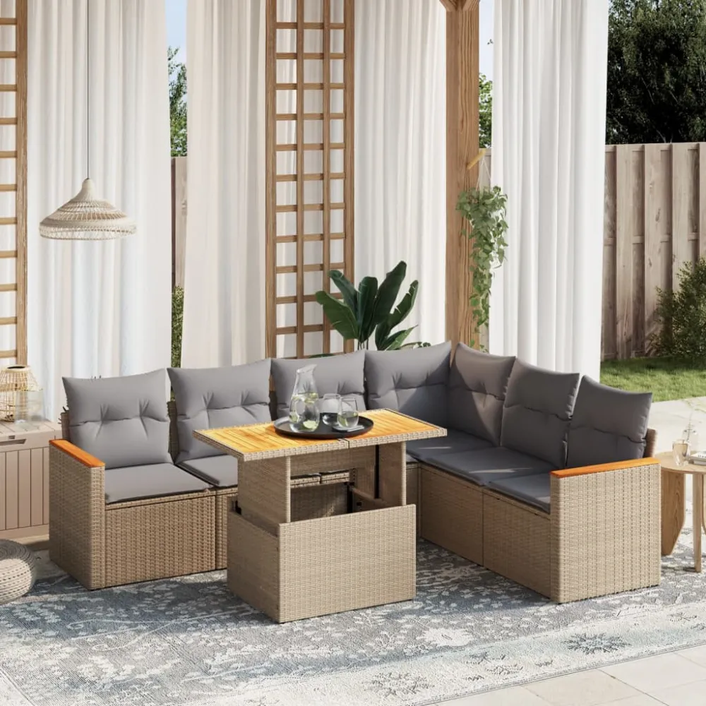 7-delige Loungeset met kussens poly rattan beige vidaXL