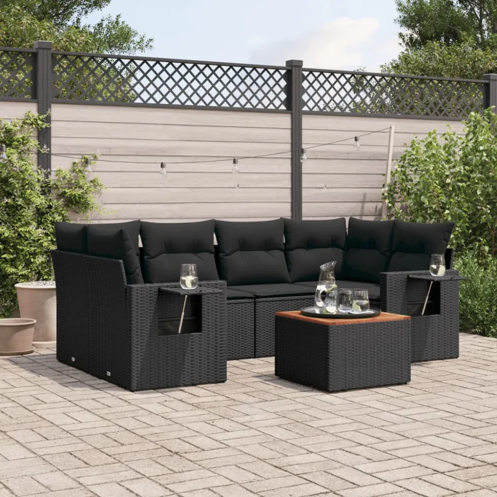 7-delige Loungeset met kussens poly rattan zwart vidaXL