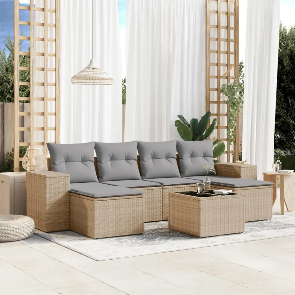 7-delige Loungeset met kussens poly rattan beige vidaXL