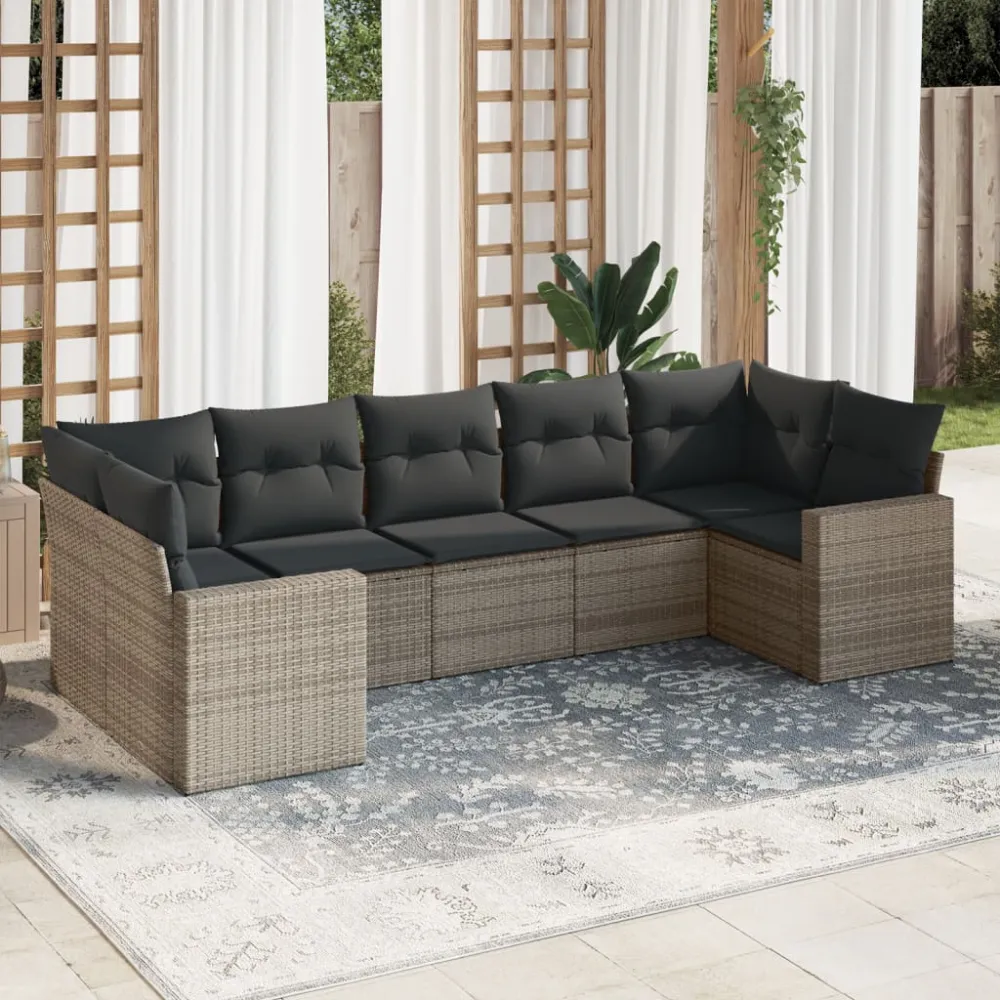 7-delige Loungeset met kussens poly rattan grijs vidaXL