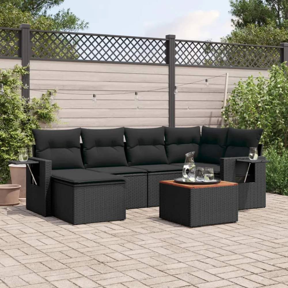 7-delige Loungeset met kussens poly rattan zwart vidaXL
