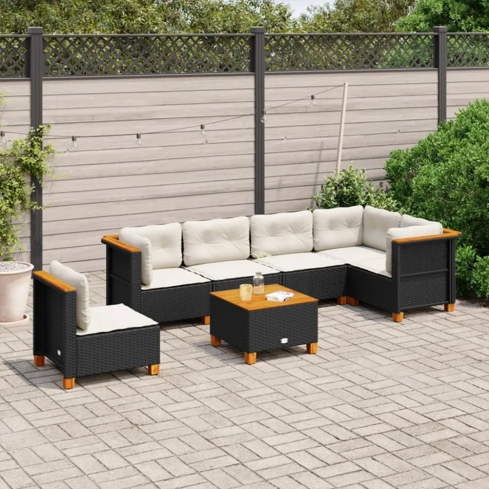 7-delige Loungeset met kussens poly rattan zwart vidaXL