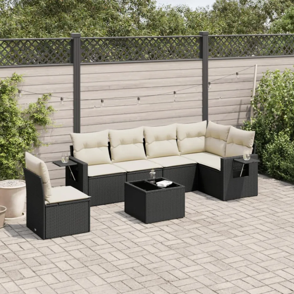7-delige Loungeset met kussens poly rattan zwart vidaXL