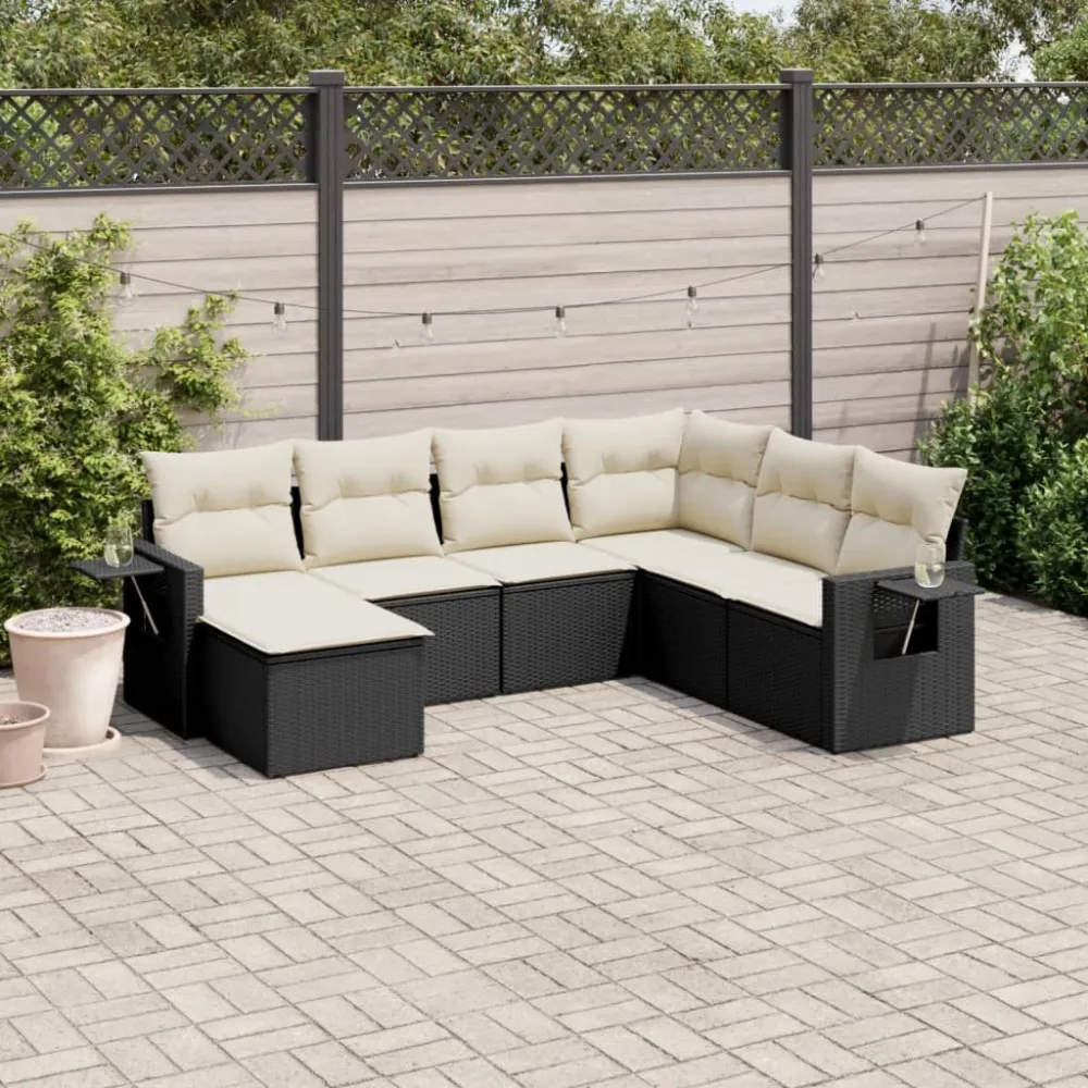 7-delige Loungeset met kussens poly rattan zwart vidaXL