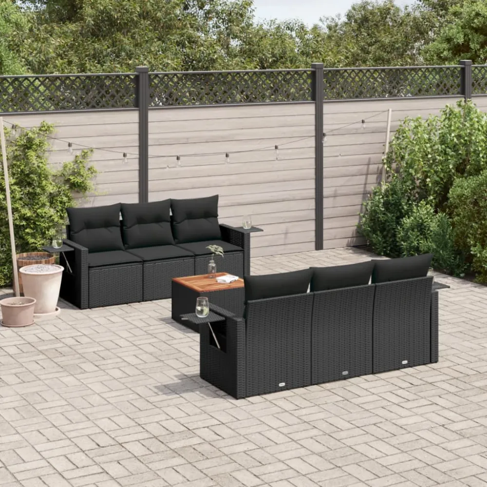 7-delige Loungeset met kussens poly rattan zwart vidaXL