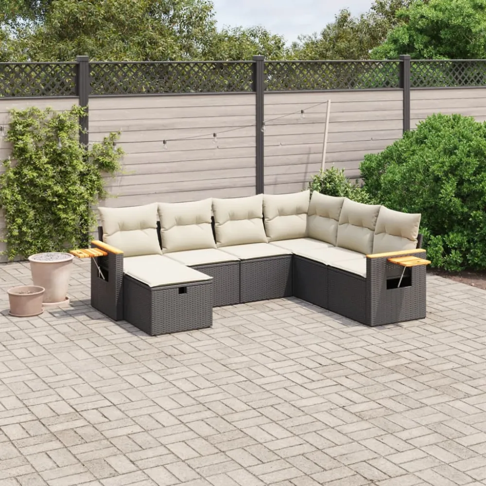 7-delige Loungeset met kussens poly rattan zwart vidaXL