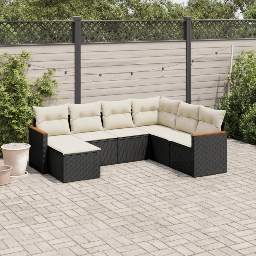 7-delige Loungeset met kussens poly rattan zwart vidaXL