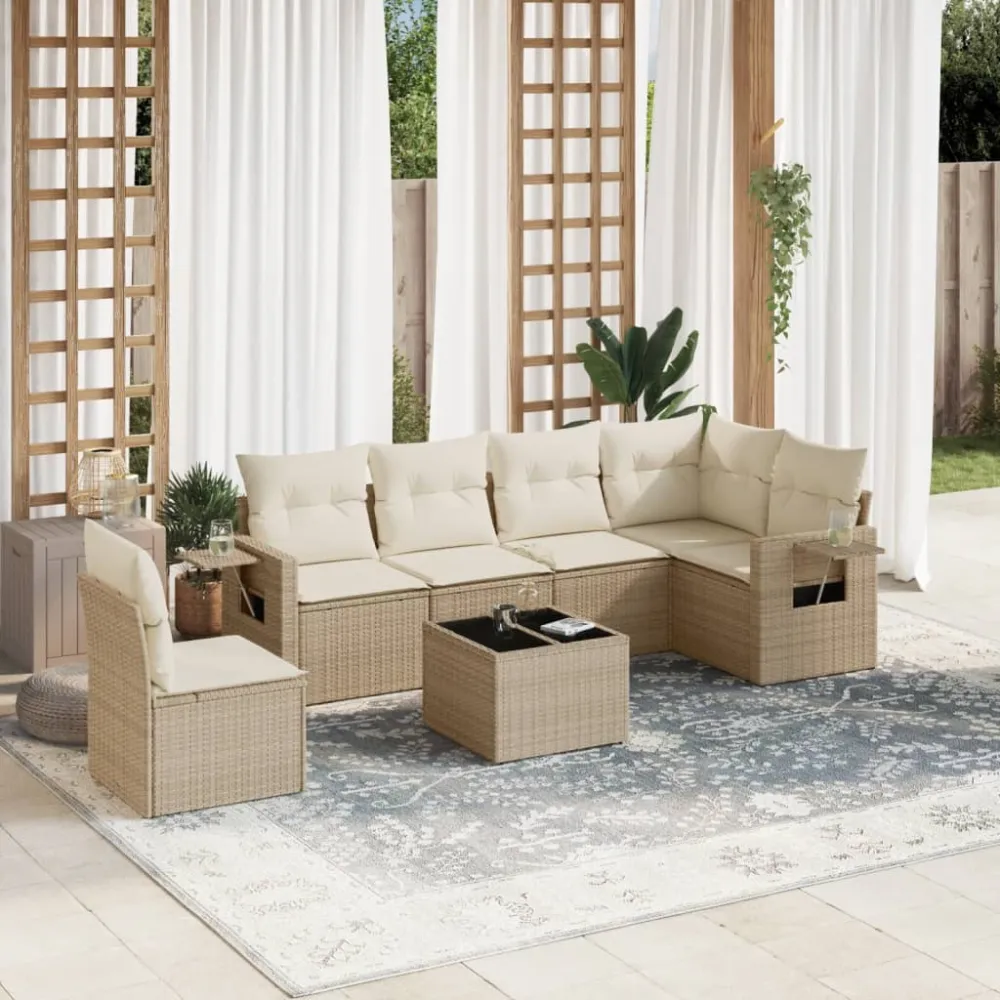 7-delige Loungeset met kussens poly rattan beige vidaXL