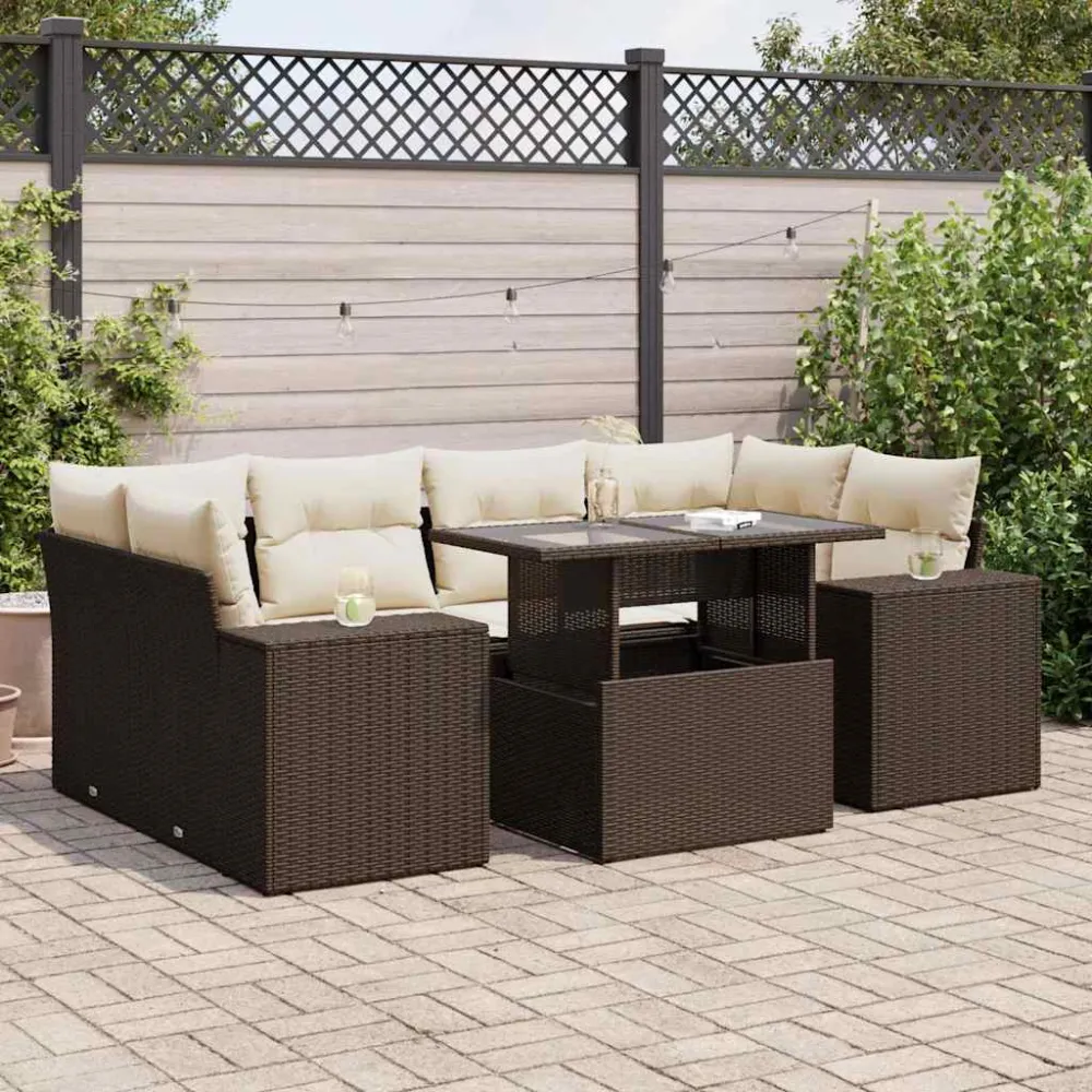 7-delige Loungeset met kussens poly rattan bruin vidaXL
