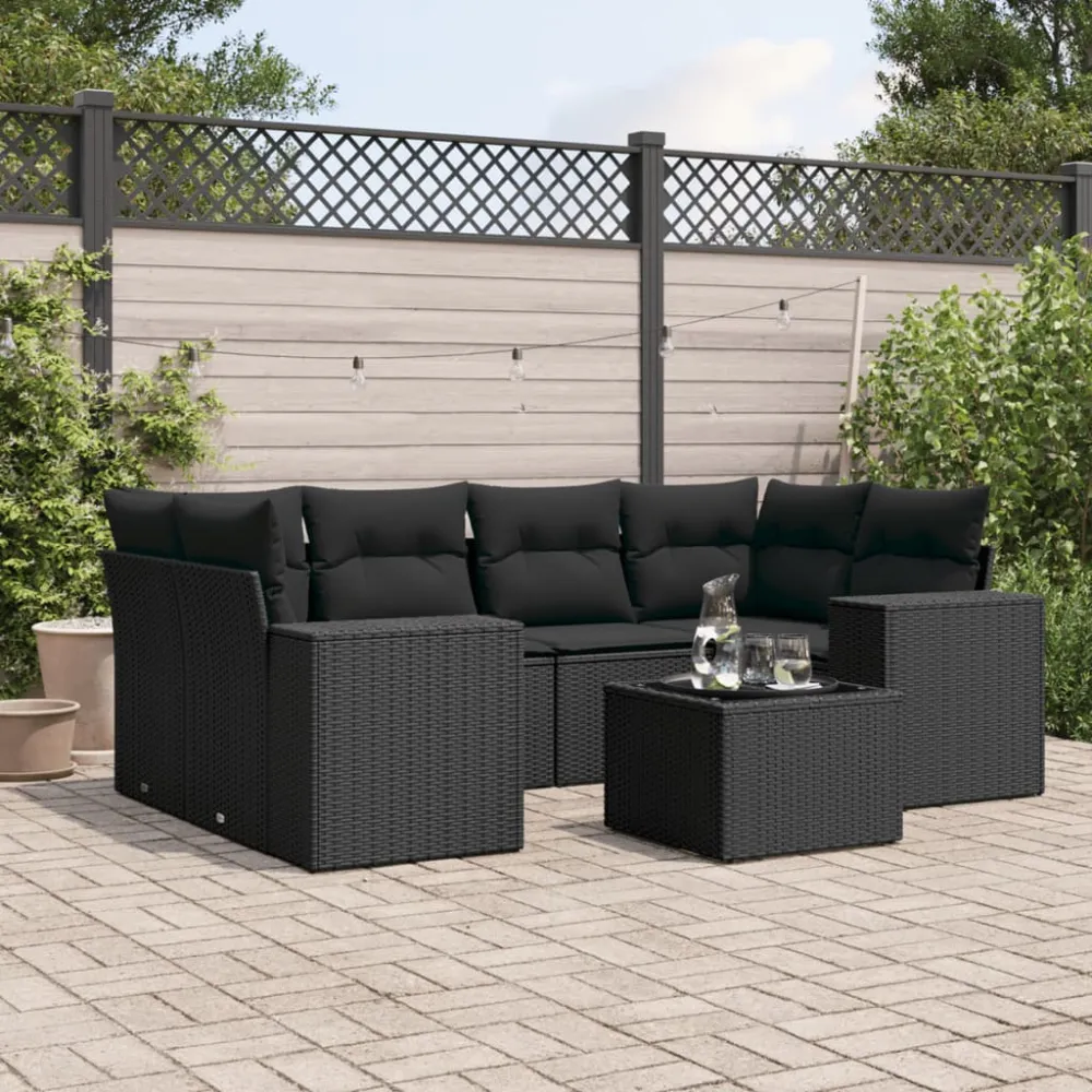 7-delige Loungeset met kussens poly rattan zwart vidaXL